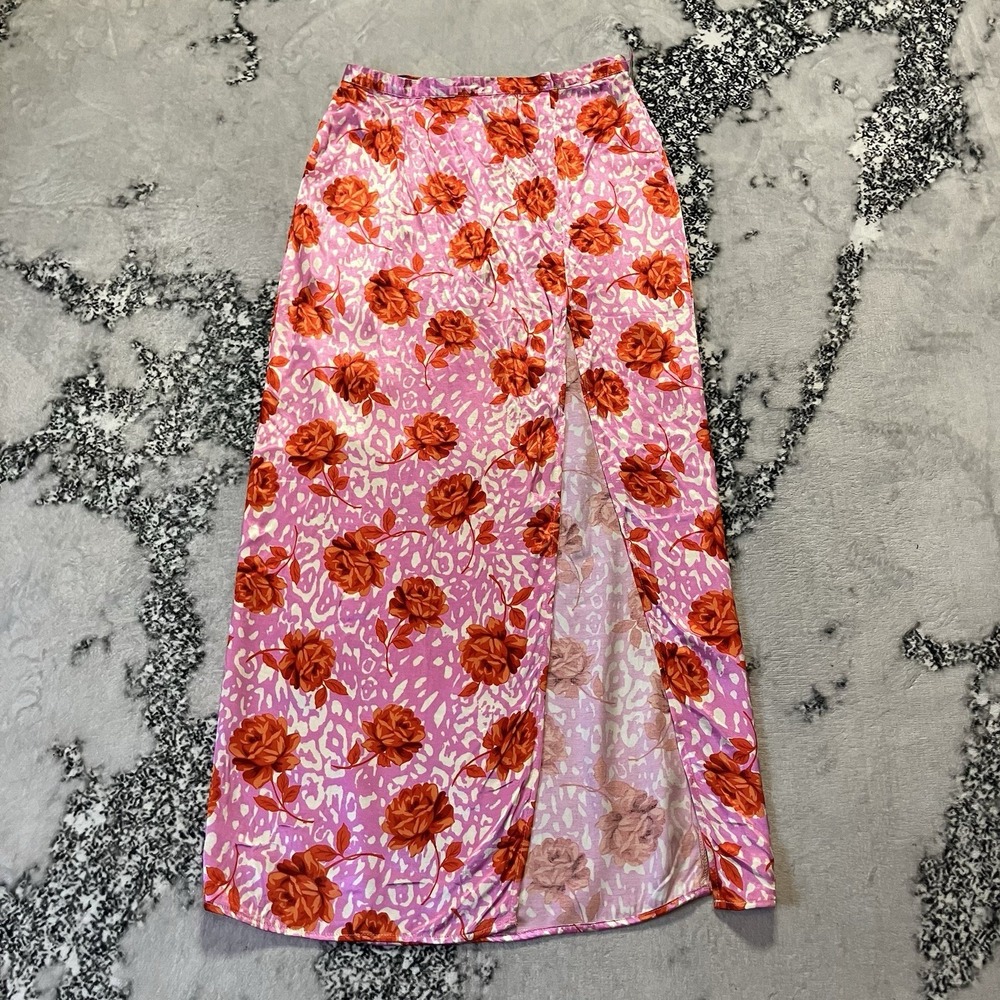 Topshop ASOS Skirt Sz 6 Pink Red Rose Floral Midi High Waist Side Slit Boho Chic